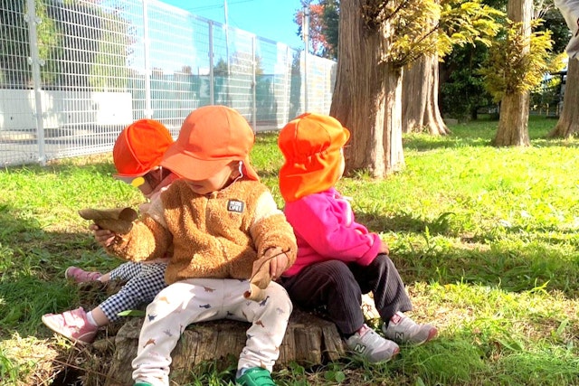 自分たちで切り株に座って休憩する０歳児！