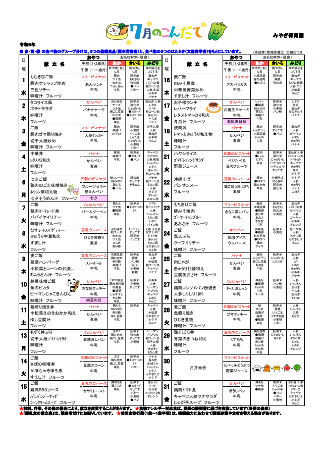 ７月予定献立表＆食育便り