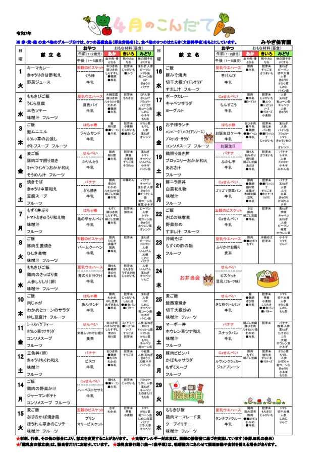 ４月献立表